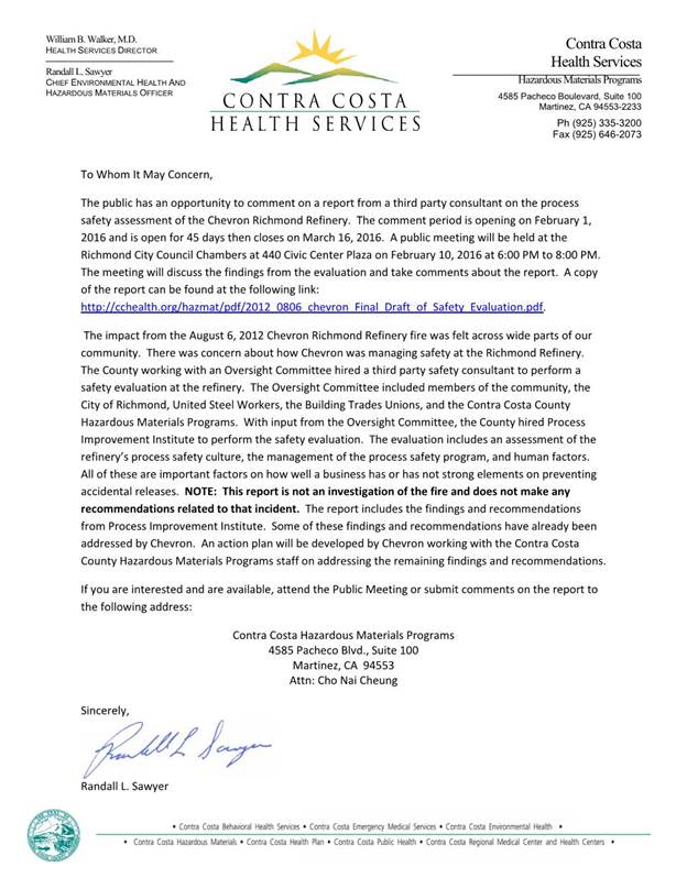 Public Comment Announcement and Public Meeting Date for Chevron Richmond Refinery Assessment