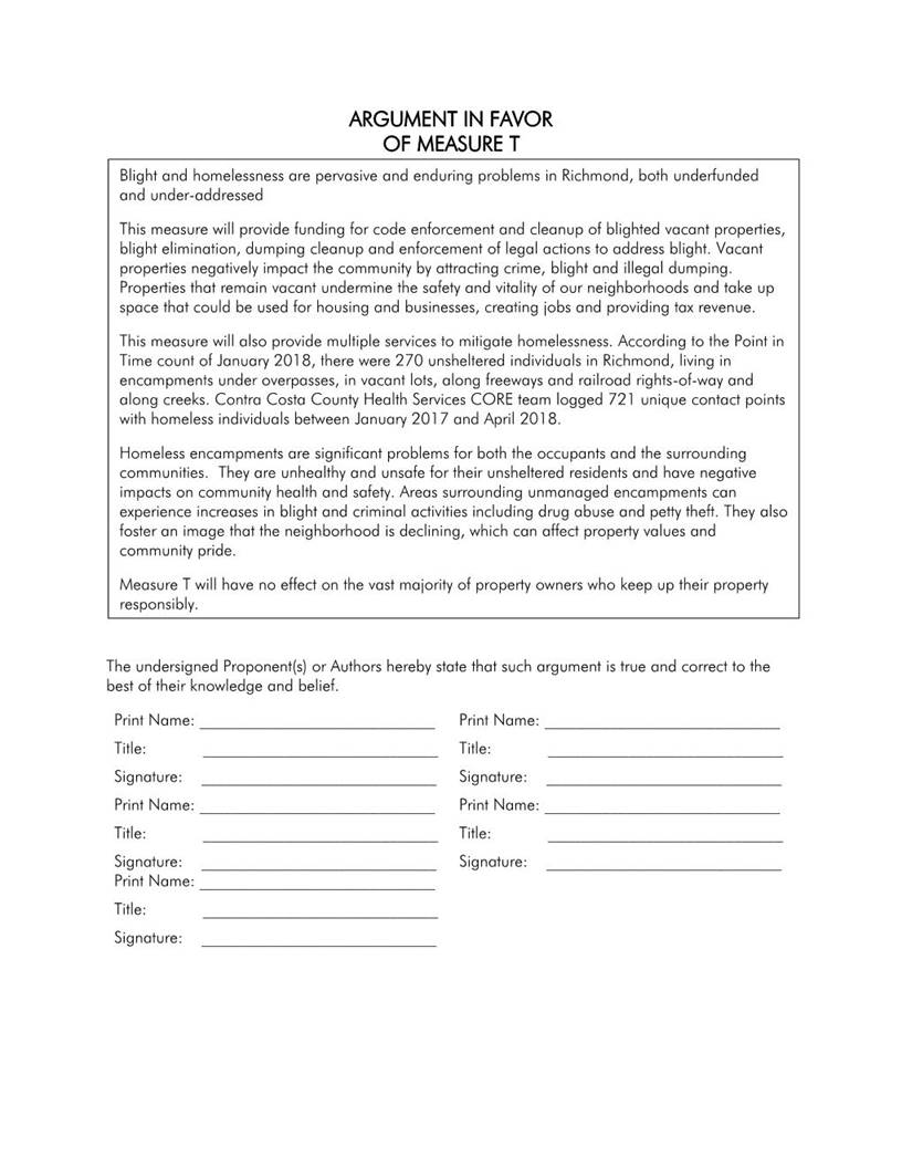Looking for Signers of Measure T Ballot Argument