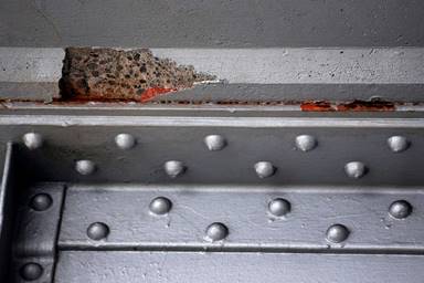 Above: Exposed and broken concrete on the underside of the Richmond-San Rafael Bridge underscores the decay.