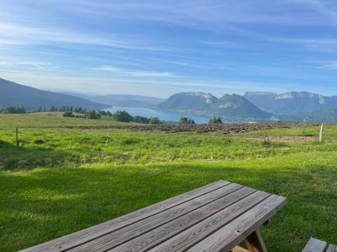 A picnic table overlooking a lake Description automatically generated